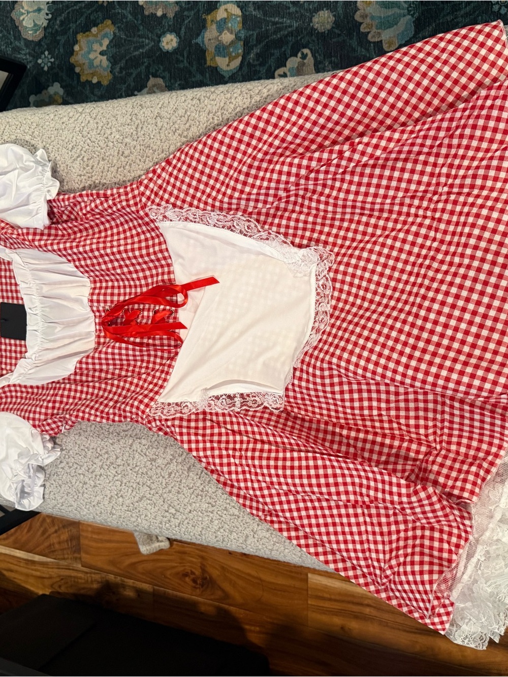 Red Gingham Peasant Dress with White Lace Apron